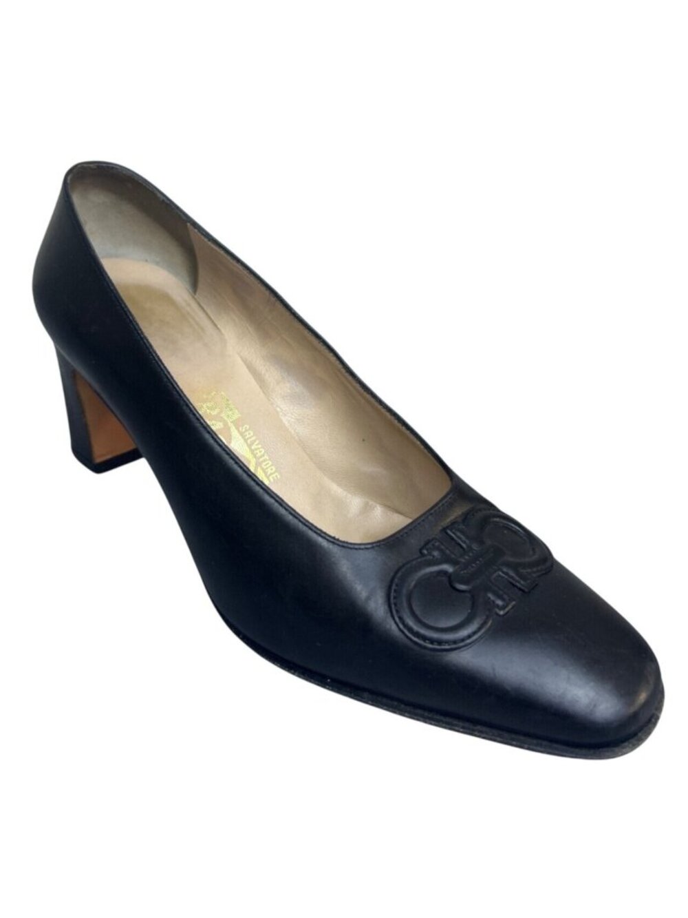 Vtg Salvatore Ferragamo Black Leather Gancini Logo Block Heel Pumps 7.5C Italy